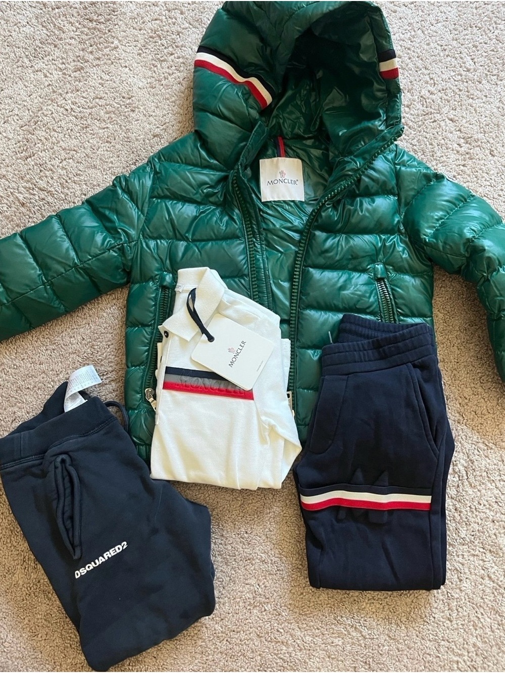 Moncler Green Hooded Puffer with White Polo and Navy Joggers
